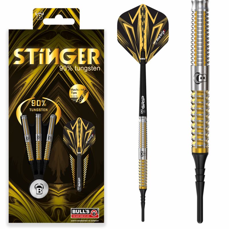 Bulls Stinger Darts, schwarz-gold, 90% Tungsten, in Verpackung und als Nahaufnahme eines einzelnen Darts.