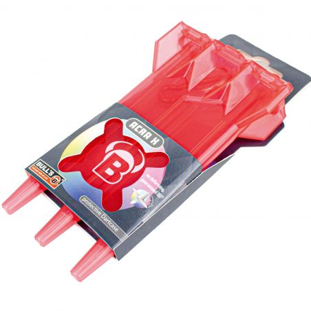 Drei rote Dart-Halter in ACRA X und Bulls Verpackung, zum Schutz der Dart-Flights.