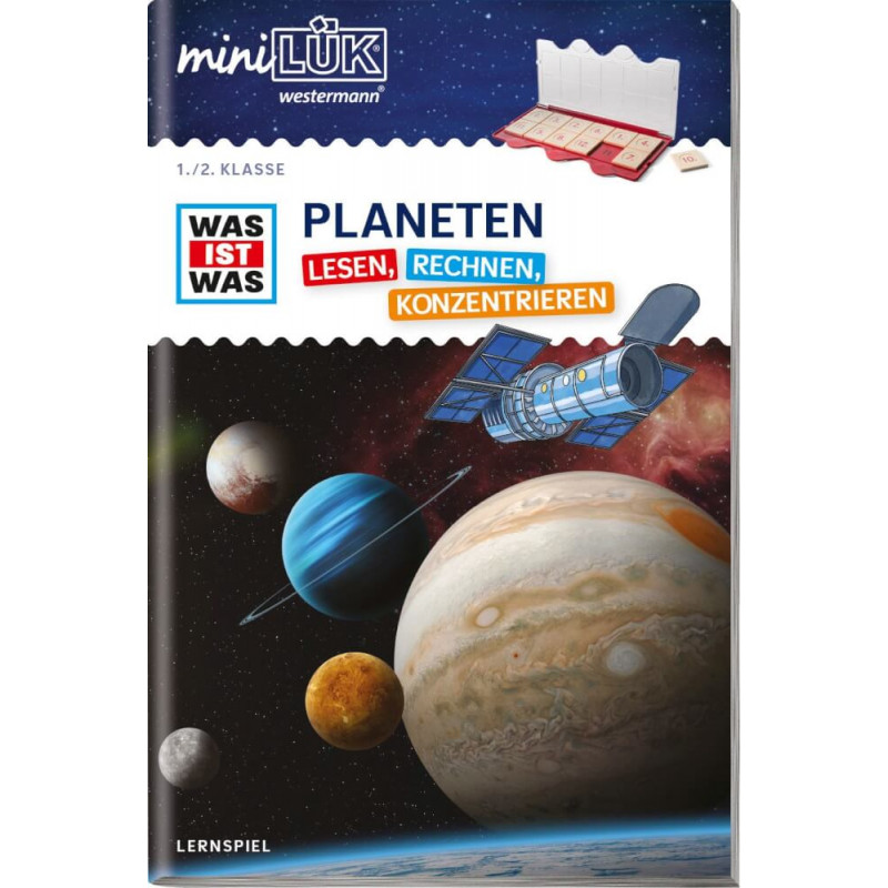 Cover eines deutschen Lernspiels über Planeten mit Abbildungen von Planeten und einem Satelliten im Weltraum.