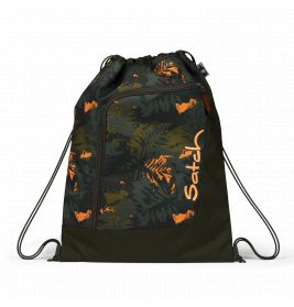 Turnbeutel mit grün-orangefarbenem Camouflage-Blattmuster und Satch-Logo auf der Vorderseite.