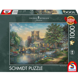 Schmidt Puzzle mit 1000 Teilen: Malerei einer Kapelle am Fluss, umgeben von üppigen Bäumen und Blumen.