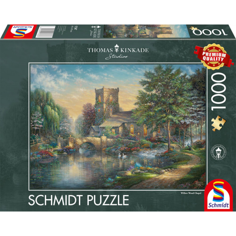 Schmidt Puzzle mit 1000 Teilen: Malerei einer Kapelle am Fluss, umgeben von üppigen Bäumen und Blumen.