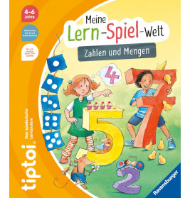 Zwei Kinder spielen draußen mit bunten Zahlen auf dem Cover steht Meine Lern-Spiel-Welt: Zahlen und Mengen.