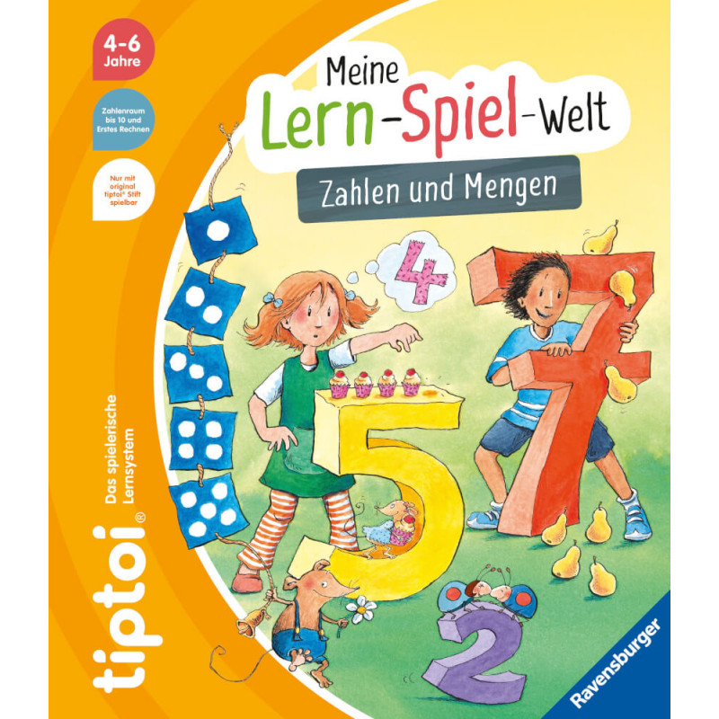 Zwei Kinder spielen draußen mit bunten Zahlen auf dem Cover steht Meine Lern-Spiel-Welt: Zahlen und Mengen.