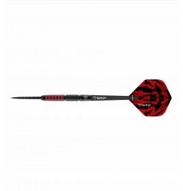 Ein schwarzer Dart mit rot-schwarzem Flammenmuster am Heck auf weißem Hintergrund.