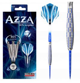 Azza 90% Tungsten-Darts in blauer Verpackung, ein Dart ist einzeln und detailliert abgebildet.