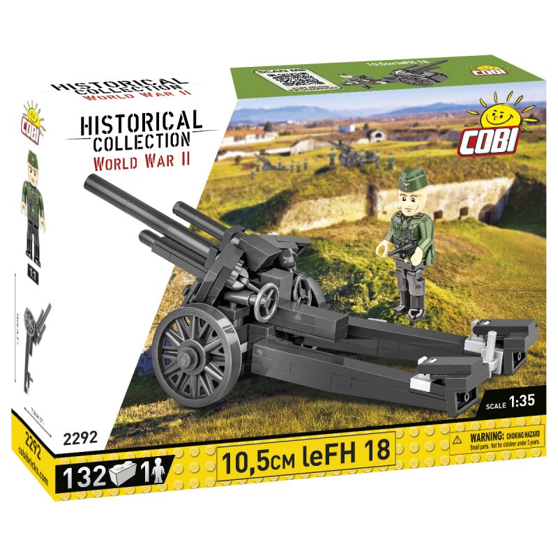 COBI Historical Collection WWII-Set mit 10,5cm leFH 18 Kanone und Soldaten-Minifigur in der Verpackung.