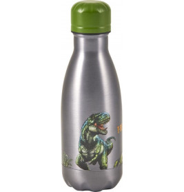 Silberne Trinkflasche mit grünem Deckel und Dinosauriermotiv auf der unteren Hälfte.