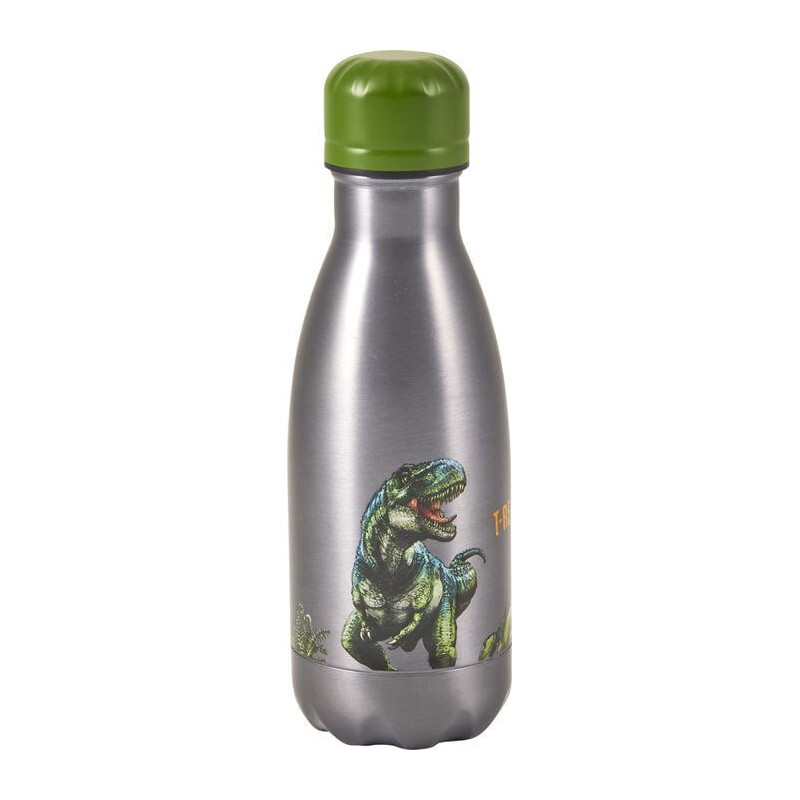 Silberne Trinkflasche mit grünem Deckel und Dinosauriermotiv auf der unteren Hälfte. Silberne Trinkflasche mit grünem Deckel und Dinosauriermotiv auf der unteren Hälfte.