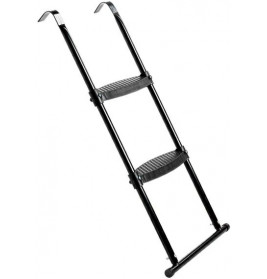 Schwarze Metall-Trittleiter mit drei Stufen und gebogenen Haken oben, freigestellt vor weißem Hintergrund.