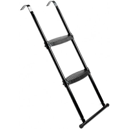 Schwarze Metall-Trittleiter mit drei Stufen und gebogenen Haken oben, freigestellt vor weißem Hintergrund.