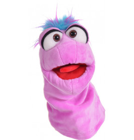 Eine pinke, zottelige Handpuppe mit großen Augen, blauen Haaren und rotem, offenem Mund vor weißem Hintergrund.