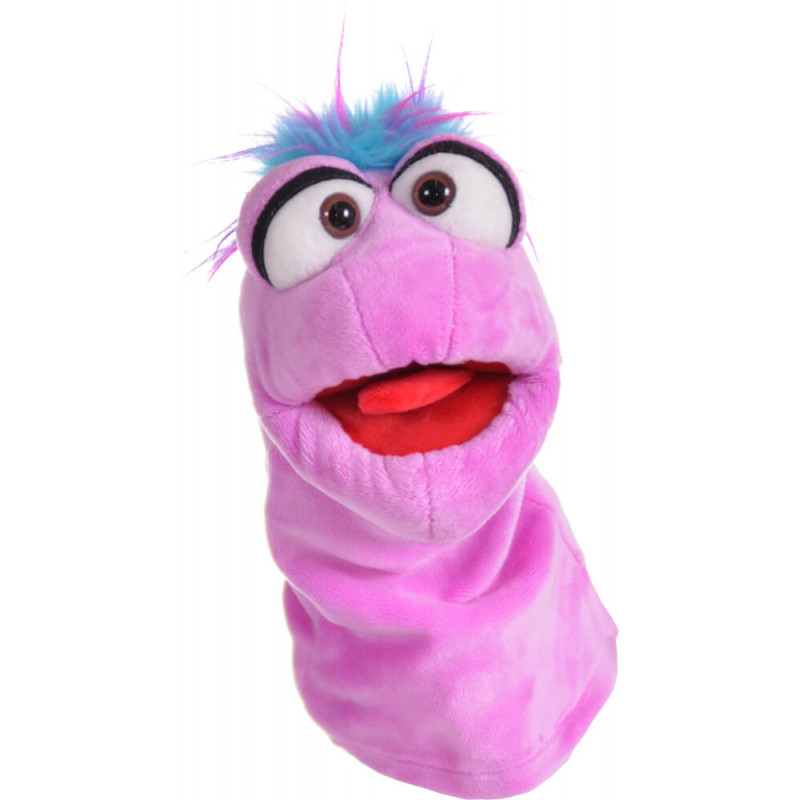 Eine pinke, zottelige Handpuppe mit großen Augen, blauen Haaren und rotem, offenem Mund vor weißem Hintergrund.