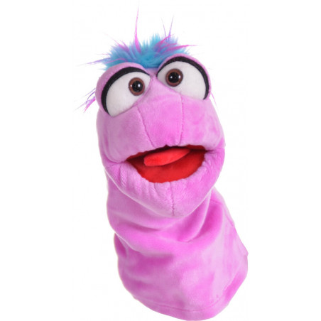 Eine pinke, zottelige Handpuppe mit großen Augen, blauen Haaren und rotem, offenem Mund vor weißem Hintergrund.