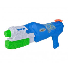 Blau-weiße Wasserpistole aus Kunststoff mit grünen und orangefarbenen Akzenten, Abzug und Griff.