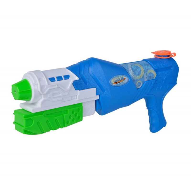 Blau-weiße Wasserpistole aus Kunststoff mit grünen und orangefarbenen Akzenten, Abzug und Griff. Blau-weiße Wasserpistole aus Kunststoff mit grünen und orangefarbenen Akzenten, Abzug und Griff.