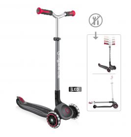 Schwarz-roter Kinderroller mit LED-Rädern und höhenverstellbarem Lenker, in Abbildungen hervorgehoben.