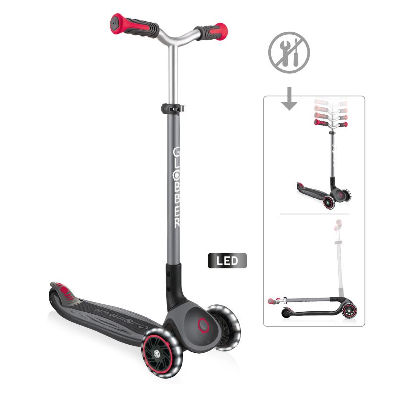 Schwarz-roter Kinderroller mit LED-Rädern und höhenverstellbarem Lenker, in Abbildungen hervorgehoben.