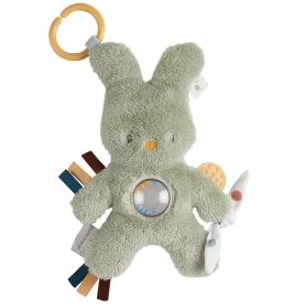 Weiches, grünes Plüschhasen-Babyspielzeug mit Ring, Beißhilfe, Bändern und durchsichtigem Rasselbauch.