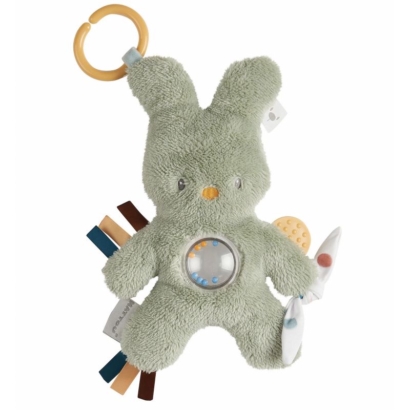 Weiches, grünes Plüschhasen-Babyspielzeug mit Ring, Beißhilfe, Bändern und durchsichtigem Rasselbauch. Weiches, grünes Plüschhasen-Babyspielzeug mit Ring, Beißhilfe, Bändern und durchsichtigem Rasselbauch.