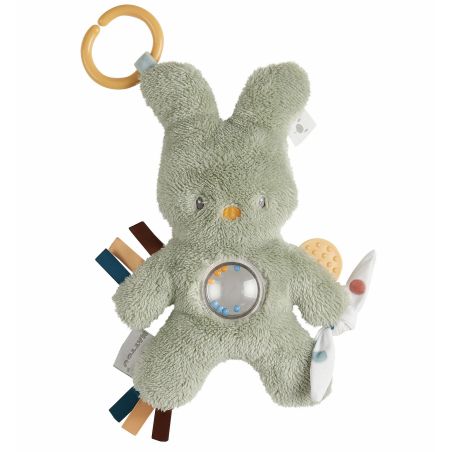 Weiches, grünes Plüschhasen-Babyspielzeug mit Ring, Beißhilfe, Bändern und durchsichtigem Rasselbauch.