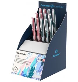 Display mit mehreren Schneider Ray Rollerball-Stiften in verschiedenen Farben und markentypischem Design.