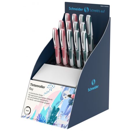 Display mit mehreren Schneider Ray Rollerball-Stiften in verschiedenen Farben und markentypischem Design. Display mit mehreren Schneider Ray Rollerball-Stiften in verschiedenen Farben und markentypischem Design.