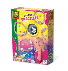 Bunte SES Galaxy-Armbänder-Box mit lächelndem Mädchen und leuchtenden Armband-Designs auf der Vorderseite.