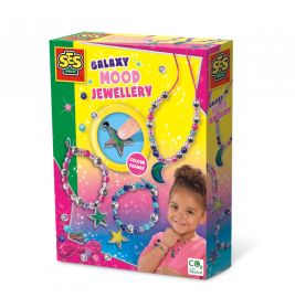 Bunte SES Creative Galaxy Mood Jewellery Box mit lächelndem Mädchen und Abbildungen von Stern- und Perlen-Schmuck.