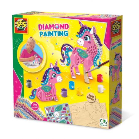 Diamant-Malerei Einhorn-Bastelset: Verpackung zeigt lachendes Kind und beiliegendes Malzubehör.