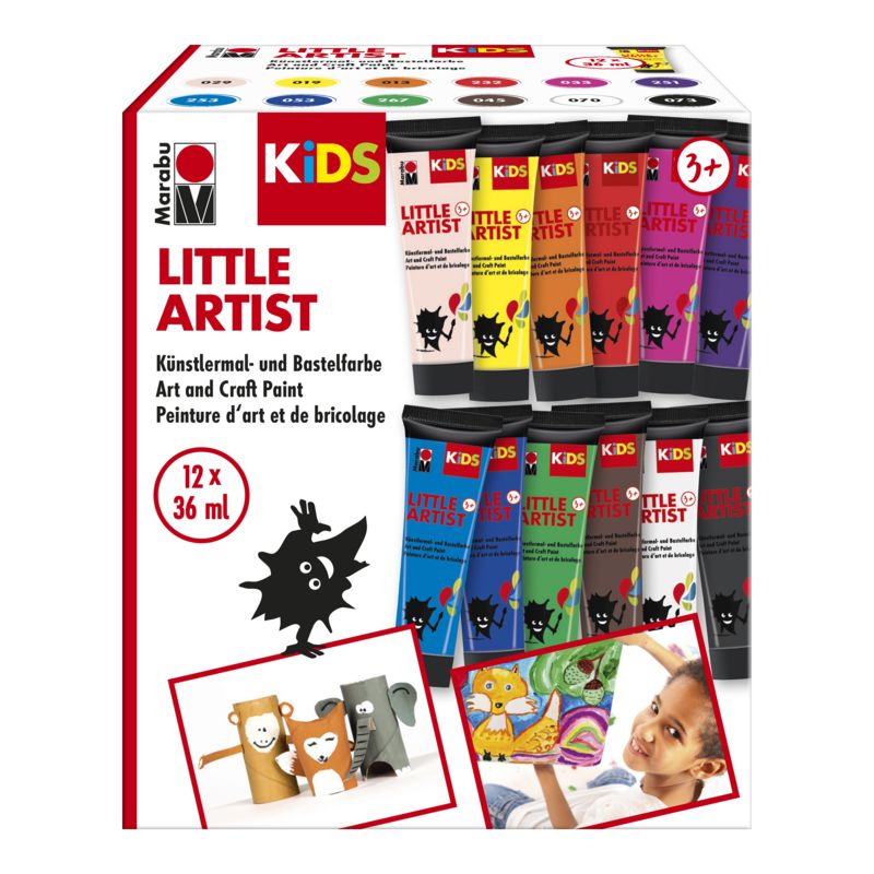 Marabu KiDS Little Artist Malkasten, 12 Tuben, geeignet für Kinder ab 3 Jahren.