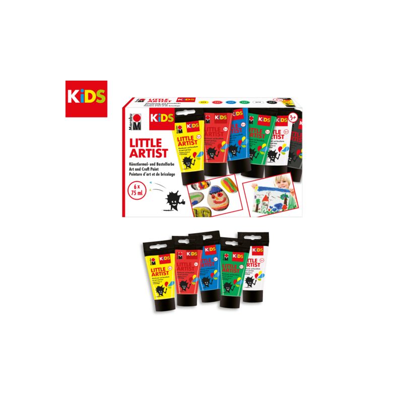 Fünf Malkreidetuben Little Artist stehen vor einer bunten Kunstbox.