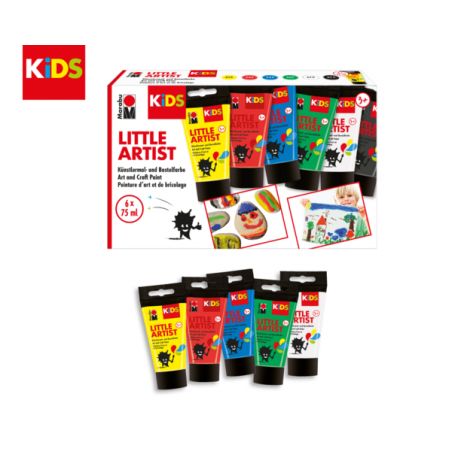 Fünf Malkreidetuben Little Artist stehen vor einer bunten Kunstbox.