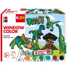 Kinder-Fenstermalfarben-Set mit Dinosaurier-Motiv auf der Verpackung und sechs sichtbaren Farbtönen.