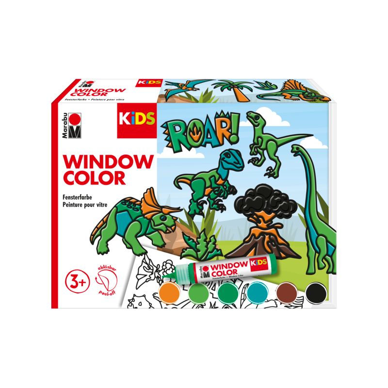 Kinder-Fenstermalfarben-Set mit Dinosaurier-Motiv auf der Verpackung und sechs sichtbaren Farbtönen.