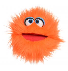 Ein orangefarbenes, zotteliges Puppenmonster mit großen blauen Augen und weit geöffnetem Mund.
