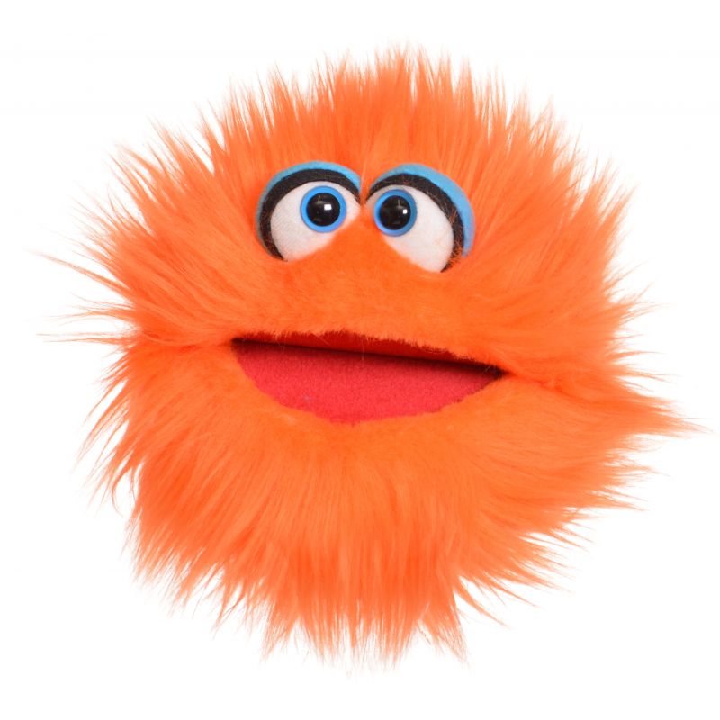 Ein orangefarbenes, zotteliges Puppenmonster mit großen blauen Augen und weit geöffnetem Mund.