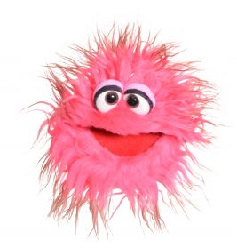 Eine rosa Plüsch-Puppe mit großen Augen und rotem Mund lächelt vor weißem Hintergrund.