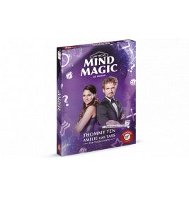 Mind Magic-Zauberkasten mit Mann und Frau in Abendkleidung, magische Symbole auf lila Hintergrund.