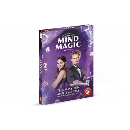 Mind Magic-Zauberkasten mit Mann und Frau in Abendkleidung, magische Symbole auf lila Hintergrund.