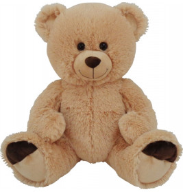 Ein hellbrauner Plüsch-Teddybär mit lächelndem Gesicht sitzt mit gespreizten Beinen.