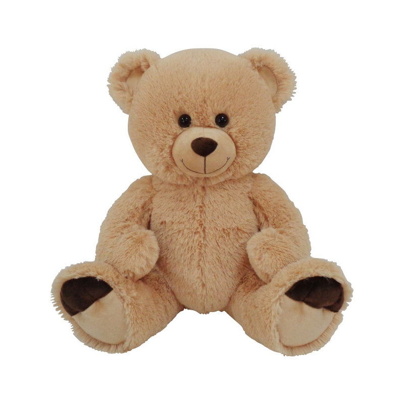 Ein hellbrauner Plüsch-Teddybär mit lächelndem Gesicht sitzt mit gespreizten Beinen.