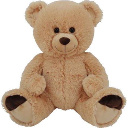 Ein hellbrauner Plüsch-Teddybär mit lächelndem Gesicht sitzt mit gespreizten Beinen.