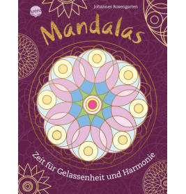 Buntes Mandala auf lila Cover mit dem Schriftzug: Mandalas, Zeit für Gelassenheit und Harmonie.