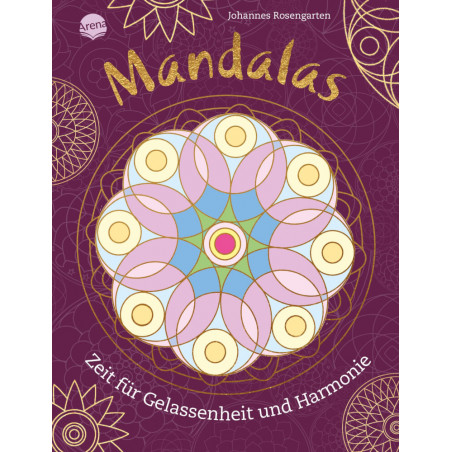 Buntes Mandala auf lila Cover mit dem Schriftzug: Mandalas, Zeit für Gelassenheit und Harmonie.