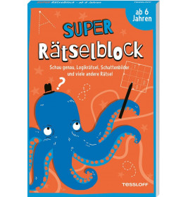 Illustriertes Rätselbuch-Cover mit blauem Oktopus, Mathe-Raster und deutschem Text ab 6 Jahren.