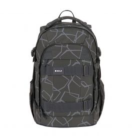 Dunkelgrauer Rucksack mit hellgrauem, geometrischem Muster, Frontgurten und der Aufschrift BOLD.