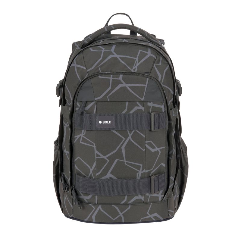 Dunkelgrauer Rucksack mit hellgrauem, geometrischem Muster, Frontgurten und der Aufschrift BOLD.