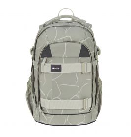 Hellgrauer Rucksack mit abstrakten weißen Linien, Fronttasche und auffälligem BOLD-Label auf der Vorderseite.