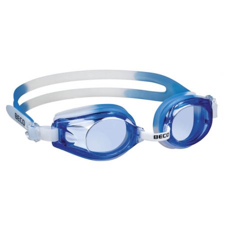 Blau-weiße Schwimmbrille mit verstellbarem Band vor weißem Hintergrund.